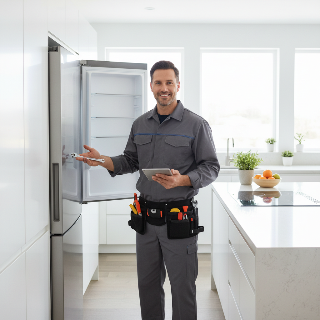 Smiling appliance repair technician in a modern kitchen