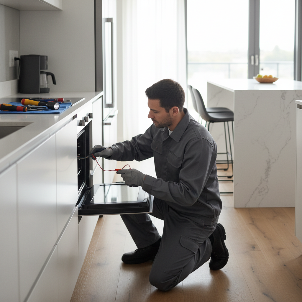 Appliance repair technician working in a modern kitchen
